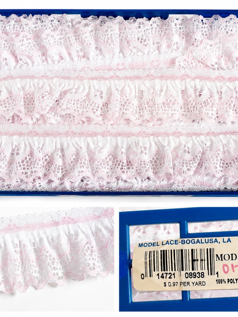 Vintage Deadstock  Lyons White Pink Ruffled Lace Trim 15 Yards